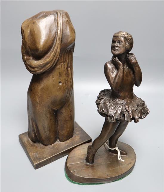 Ian Milner (d. 2020). A bronze figure, Little Ballerina and a bronzed resin figure of a draped female (2)
